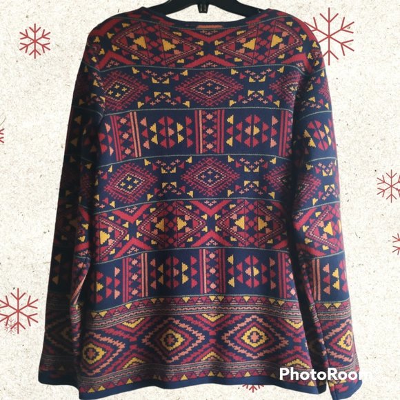 L Alia Vintage knit Aztec geometric print zipper cardigan navy blue - Picture 2 of 9
